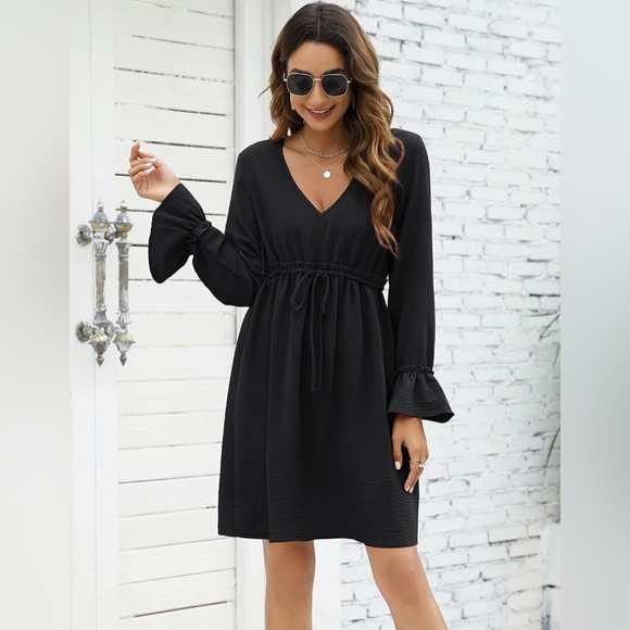 Womens V Neck Long Sleeve Dress Ruffle Tie Waist Drawstring Flowy Mini Dress 2X - Picture 5 of 8
